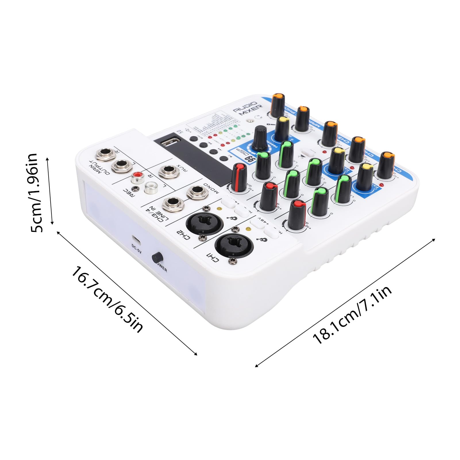 Asixxsix 4-kanałowy Mikser Audio, Cyfrowy Pogłos Bluetooth DSP, Płyta Dźwiękowa Miksera DJ z Wejściem USB MP3 XLR 6,35 Mm, 3,5 Mm i Zasilaniem Phantom 48 V, Płytka Miksera Dźwięku (WHITE)