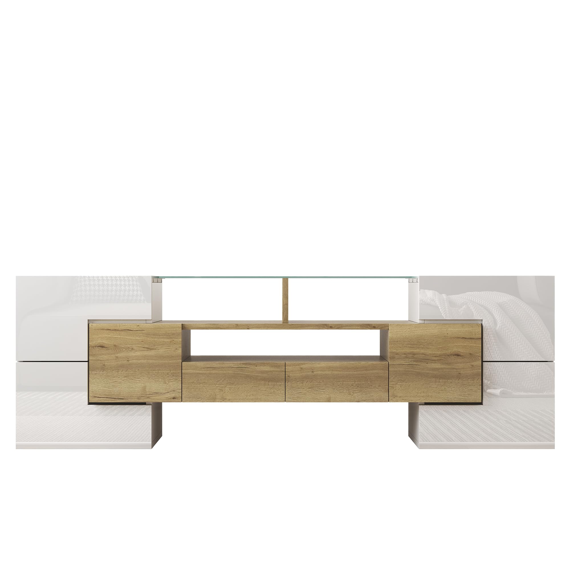 Elegante mueble de TV de 145 cm, color blanco brillante, bancos de TV con iluminación LED y tablero de cristal para salón, diseño moderno (blanco y color madera, 145 cm)