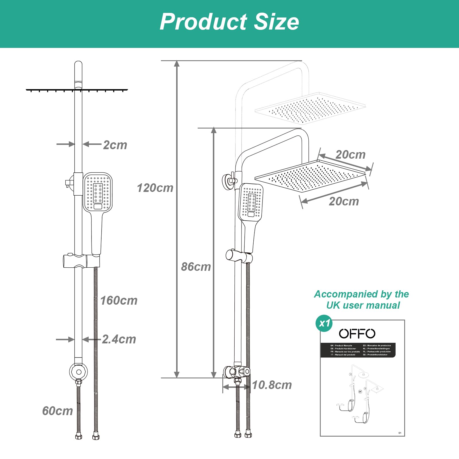 OFFO Shower Riser Rail Kit, Rainfall Shower Kit with 8"(20cm) Square Rain Shower Head - Image 2