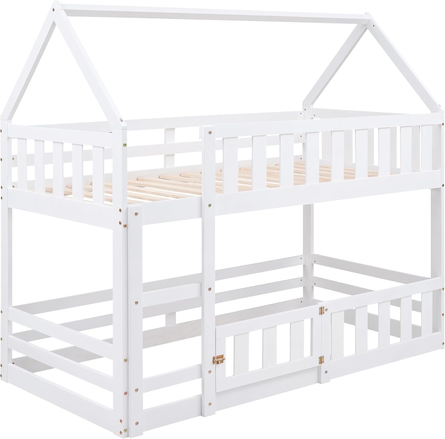 Angled view of the assembled LZ LEISURE ZONE Twin Over Twin Bunk Bed, showing the house-shaped frame and guardrails.