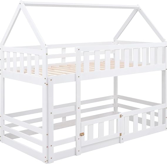 Twin Over Twin Bunk Bed, Wood Twin Size House Bed with Fence and Door, No Box Spring Needed, White