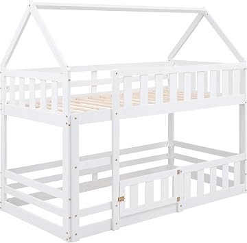 Twin Over Twin Bunk Bed, Wood Twin Size House Bed with Fence and Door, No Box Spring Needed, White
