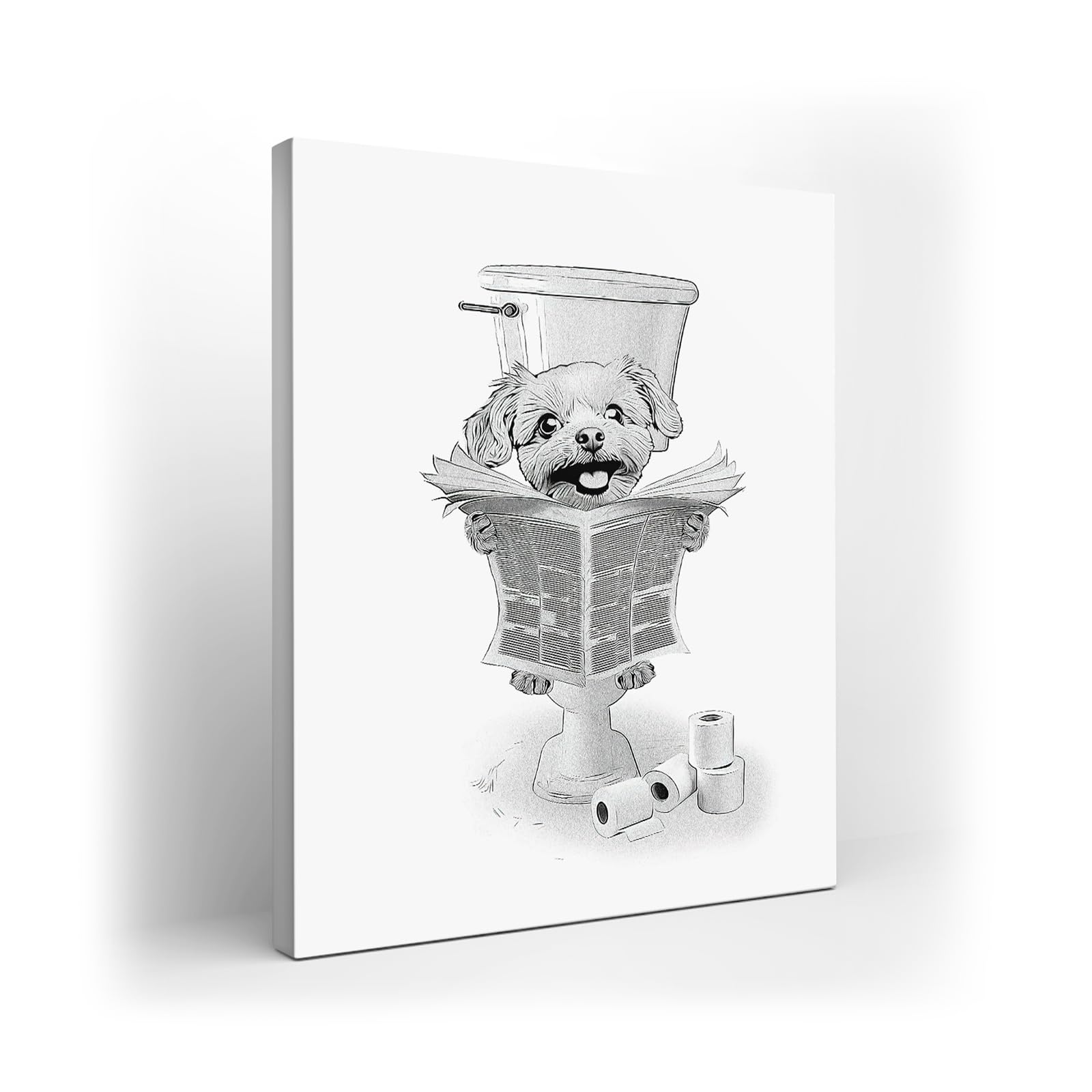 Kuphsod Black and White Dog Wall Art - Sitting Dog In Bathroom Toilet Picture - Modern Framed 12x16 Inch
