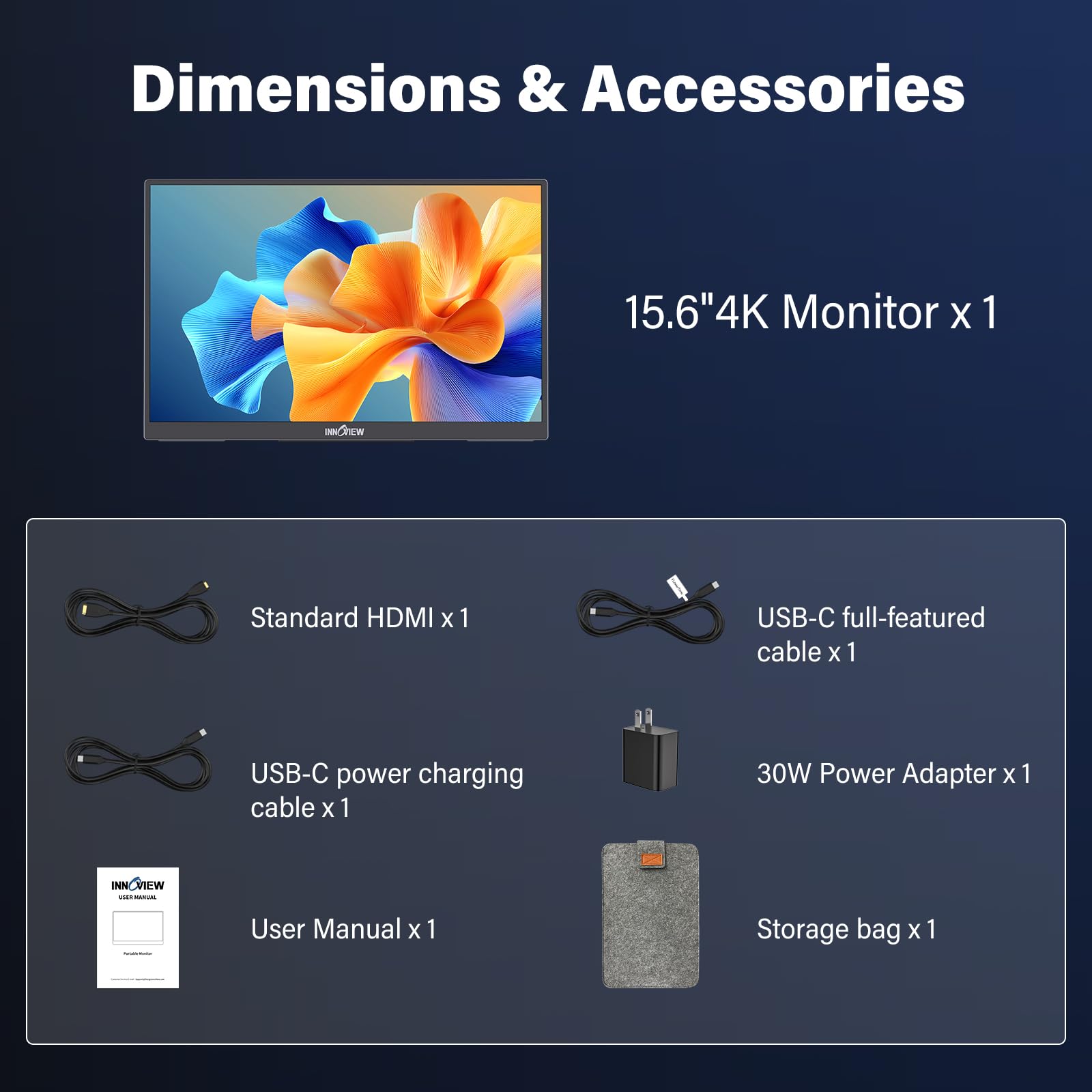 InnoView 15.6" Portable Monitor 60Hz 4K UHD 3840x2160 | 100% sRGB HDR | Travel Monitor with 2 USB-C & HDMI Ports | Second Screen for Laptop Mac PC Xbox PS5 Switch (Includes Adapter) — view 9