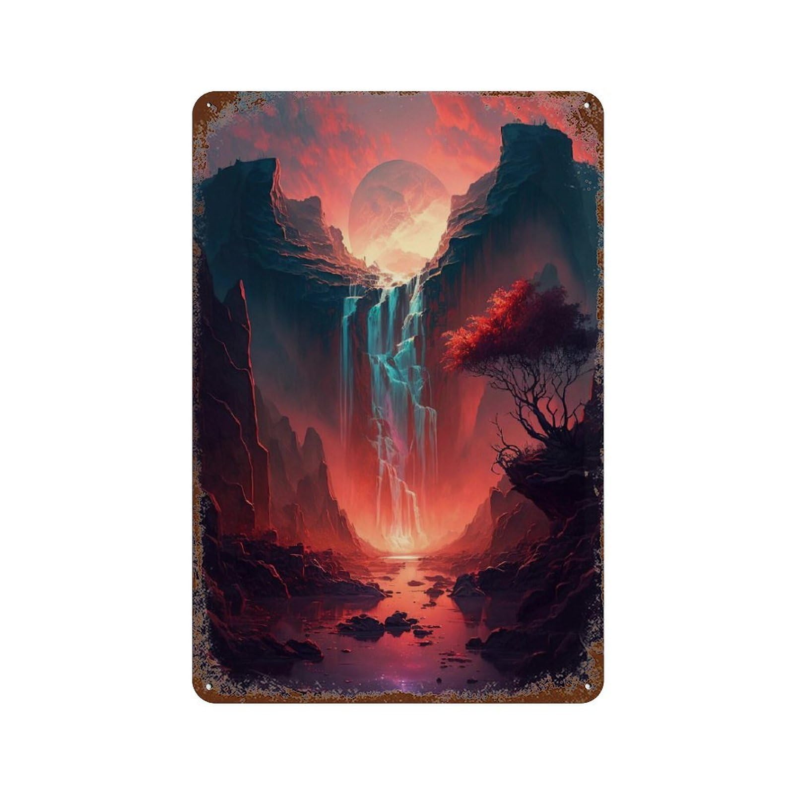 Volcanic Waterfall Sunset 11.8"x7.9" Rustic Tin Plaque, Retro Wall Decor for Garage, Bar And Workshop Decor