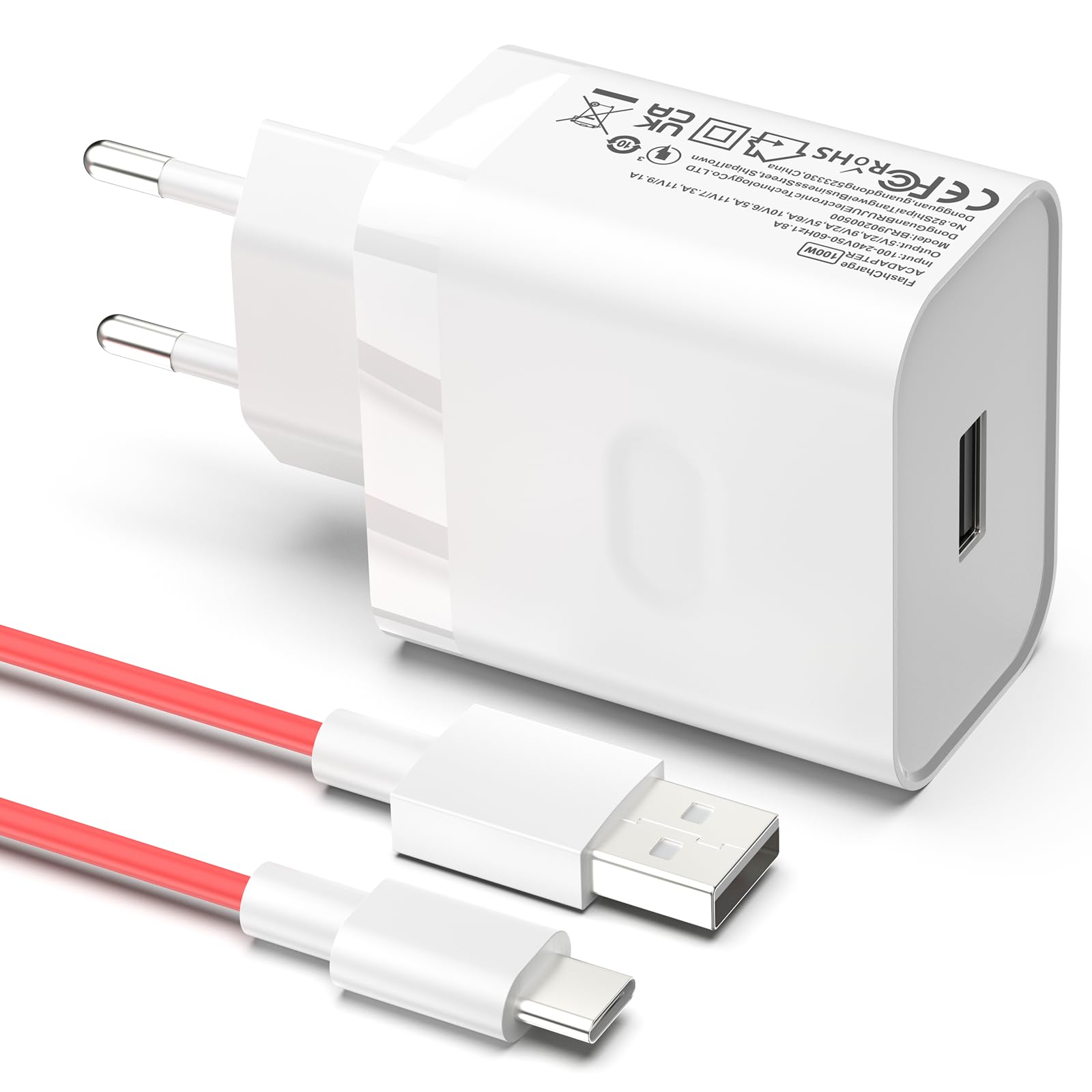 100W Caricabatterie USB C per Oppo Find X9 X8 X8 Pro X7 X7 Ultra X6 X5 X3 X2 Reno 15 14 13 12 11 10 9 Compatibile con OnePlus SuperVooc Ricarica rapida con cavo di ricarica USB-C da 8 A (1 m)