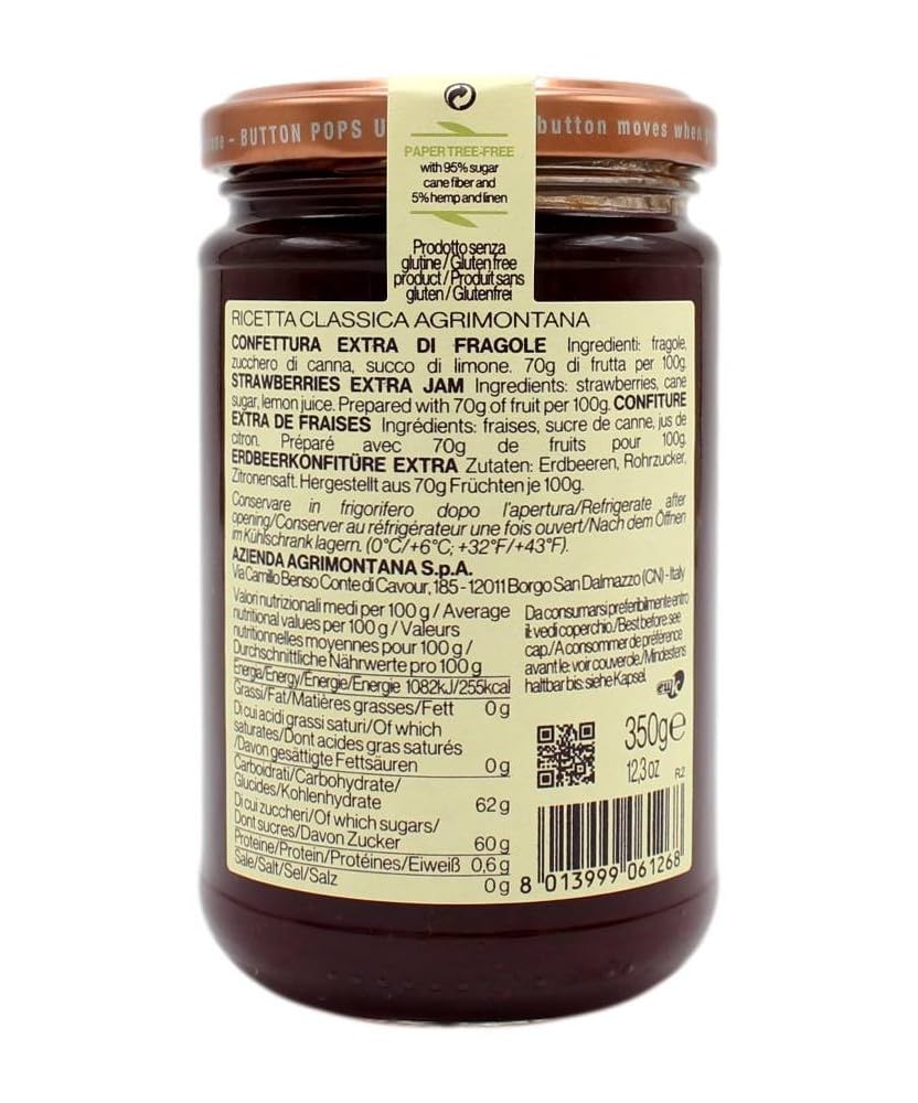 Agrimontana Strawberry Extra Jam, 350 Grams / 12.34 Ounces