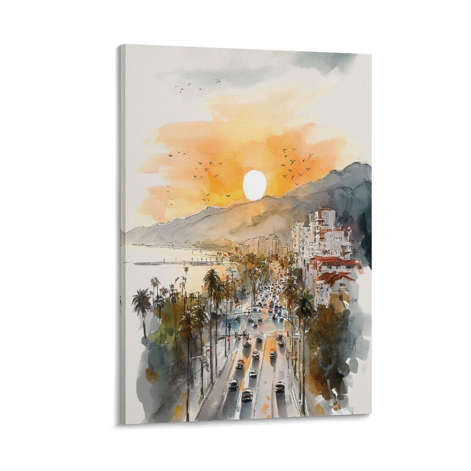 Cnaheiz Frame-Style Santa Monica Watercolor Painting_ California Coastal Wall Art 20X30inch(50X75cm) Vintage Watercolor Canvas Art