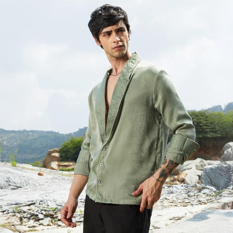 Image of CAHOOT Men's Olive Shirt Casual Wear | Shawl Collar | Long Sleeve | Button Closure | Shirt Crafted with Comfort Fit for Everyday Wear