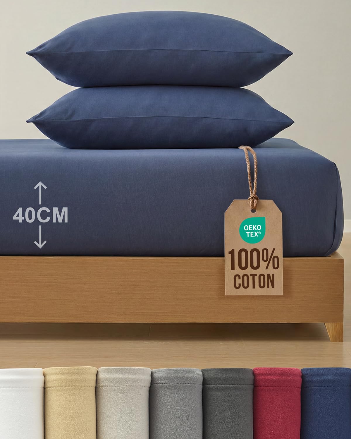Drap-Housse Jersey Coton 180x200 bleu marine avec ses 2 taies d'oreiller assorties