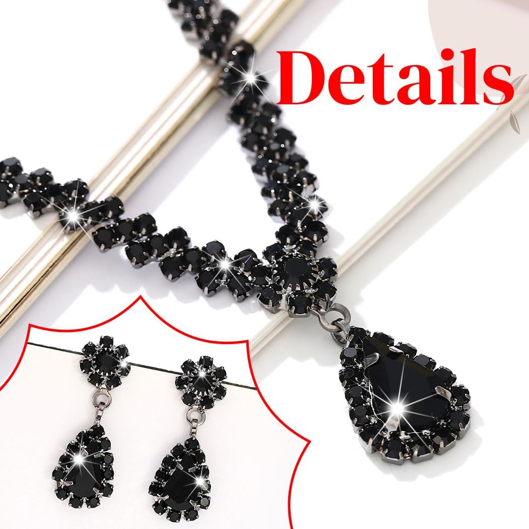 Sixexey Black Jewelry Set Rhinestone Necklace Earrings Wedding Prom Party Neck Jewelry for Women - Image 6
