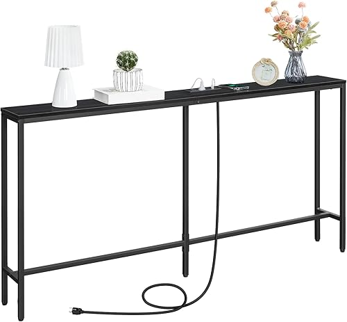 Miniatura 8 de MAHANCRIS Mesa consola con toma de corriente, mesa de sofá estrecha de 63 pulgadas, mesa de entrada industrial con puertos USB, mesa detrás del sofá