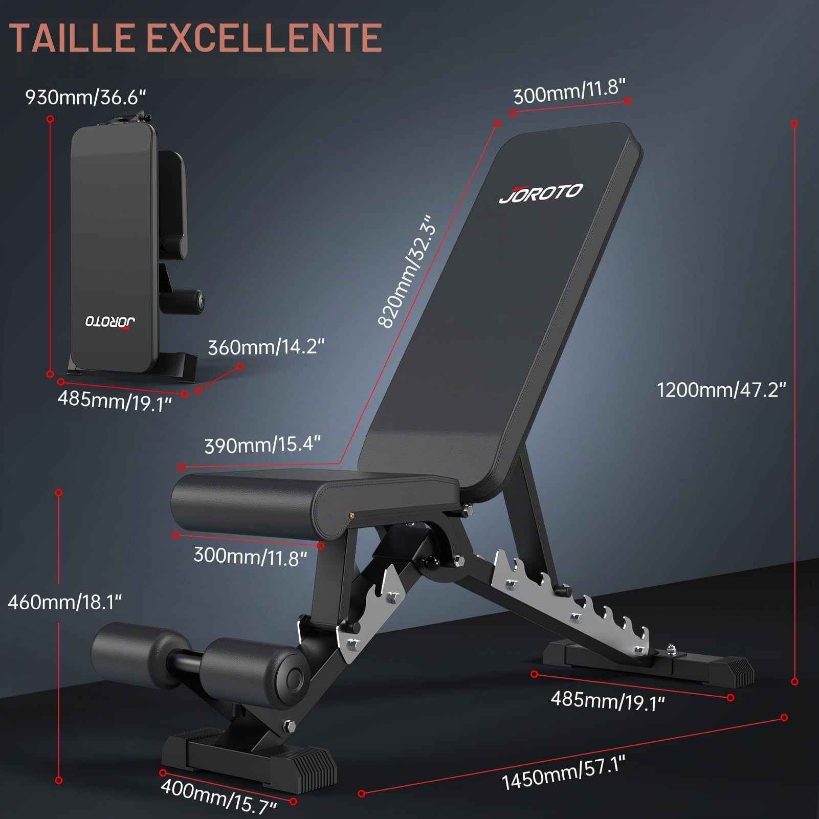 JOROTO Banc de musculation réglable – Charge de 317,5 kg/362,9 kg/453,6 kg – Banc d'entraînement pliable pour entraînement complet du corps