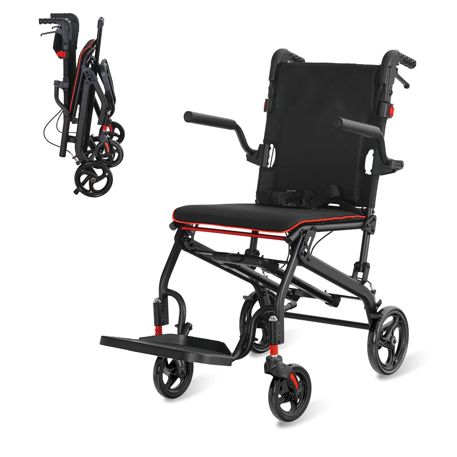 Fauteuil roulant pliable léger Aluminium, Frein sur poignées, Fauteuil roulant de transport portable stable robust pour adultes, personnes âgées, pour transport, voyage, charge 100 KG (Noir)