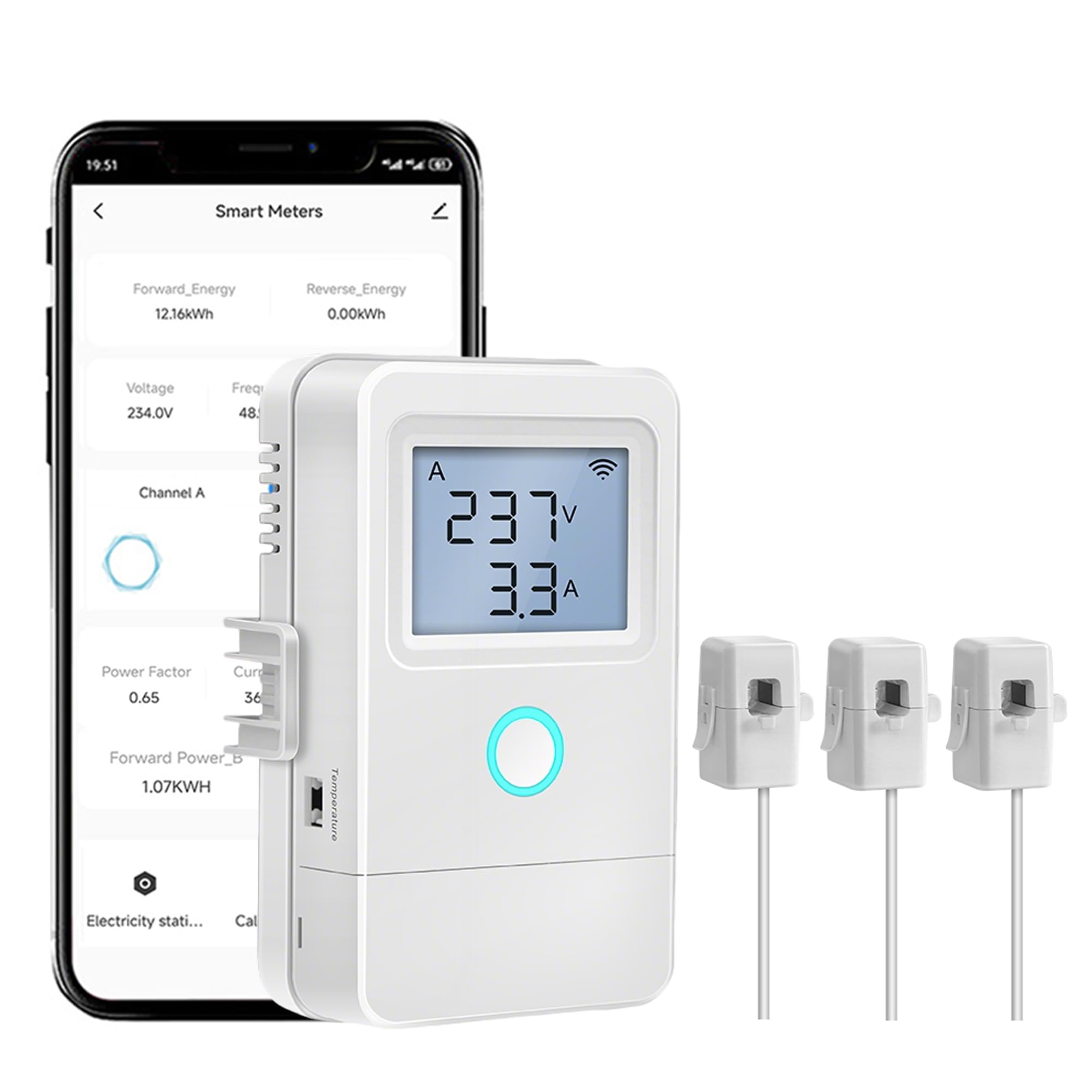 Intelligenter Stromzähler WLAN: 3 Phasig Energie Messgerät, Echtzeit Energieverbrauchsmessung mit LCD-Display, App-Steuerung, Energiekosten senken, für Haushalt, Gewerbe und Balkonkraftwerk