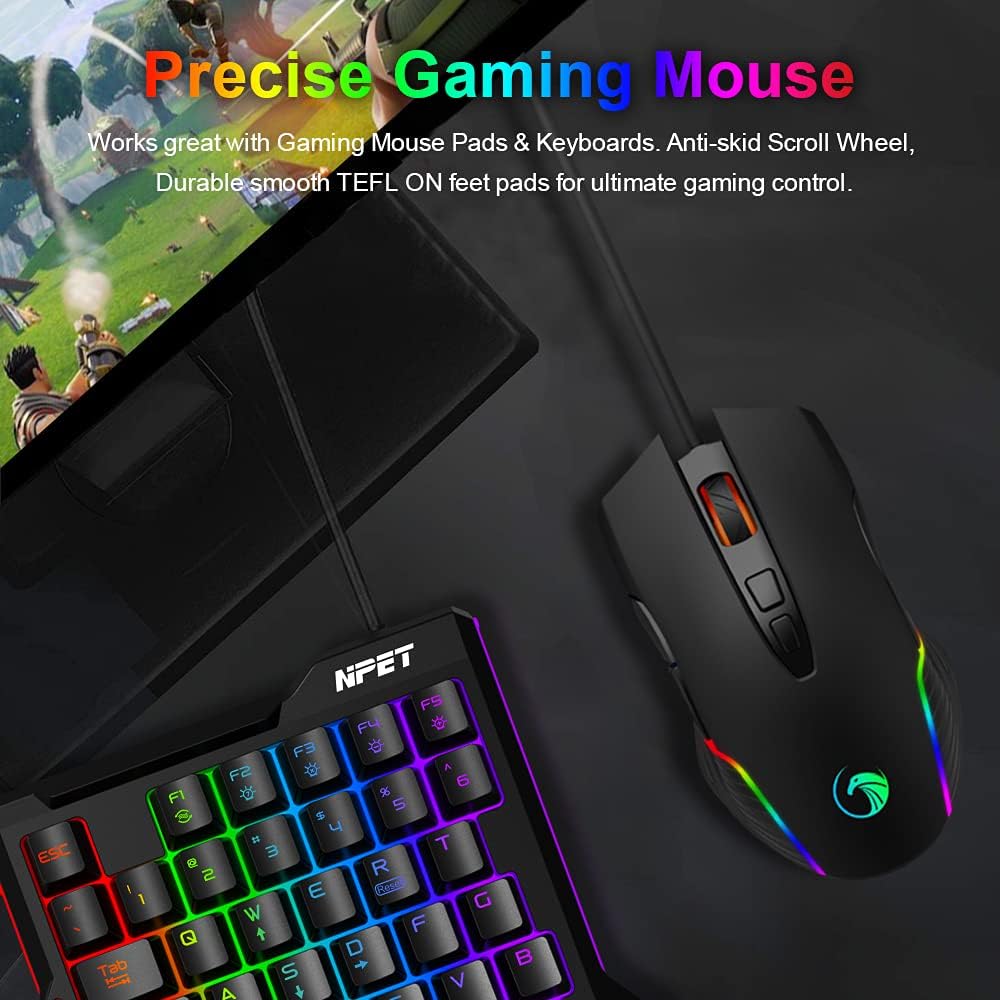 NPET M70 Wired Gaming Mouse, 7200 DPI, 7 Programmable Buttons, RGB Backlit, Ergonomic Optical PC, Comfortable Computer Gaming Mice for Windows 7/8/10/XP Vista Linux, Black