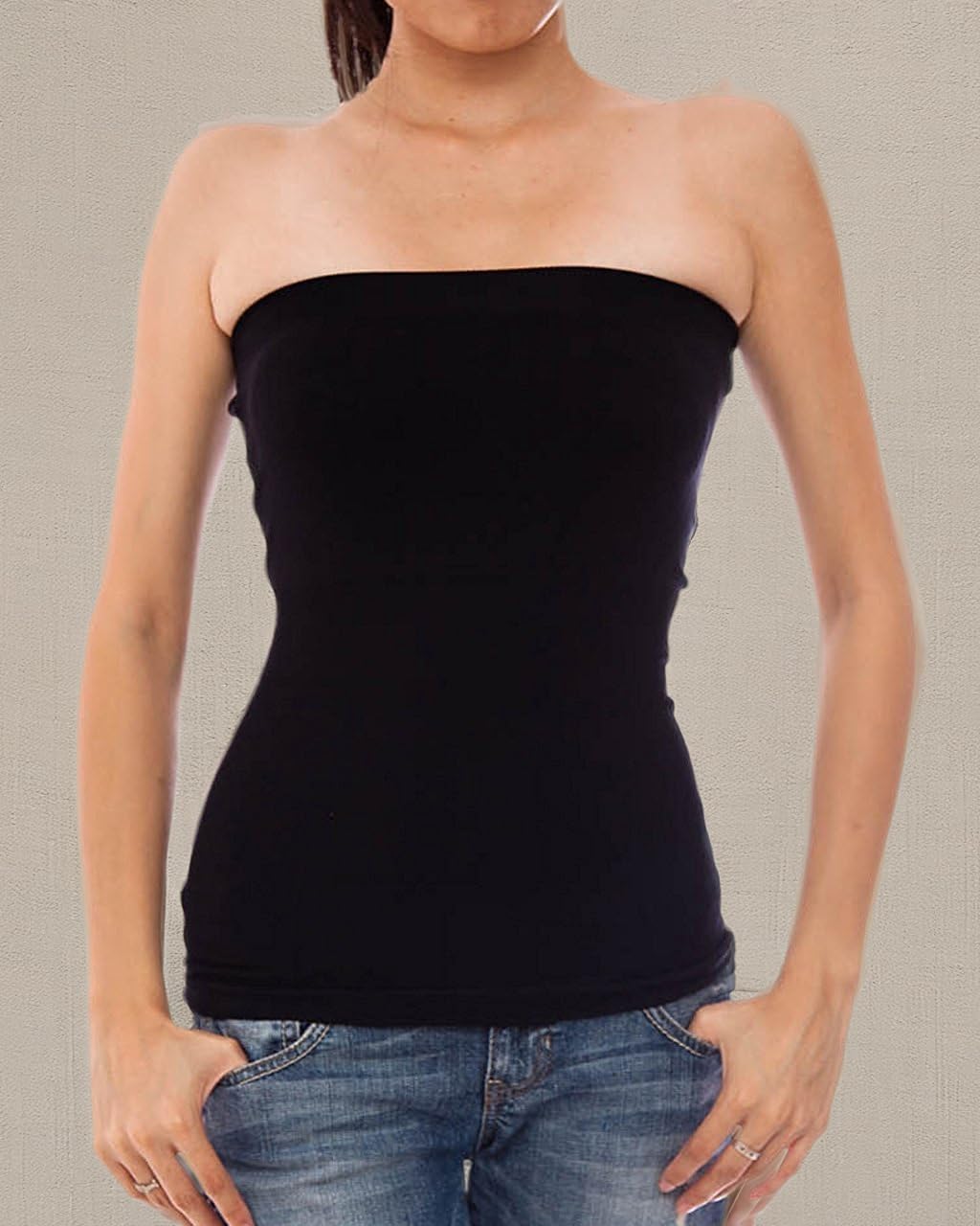Hollywood Star Fashion Women's Plain Stretch Seamless Strapless Layering Tube Top One Size Fits All Black - Image 4