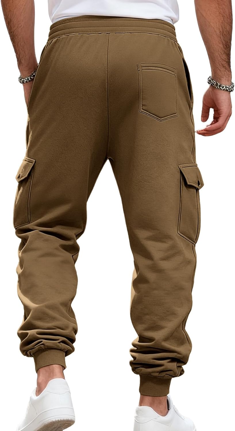 Men's Casual Cargo Sweatpants Fleece Lined Workout Joggers Athletic Drawstring Pants with Multi Pockets - Image 2