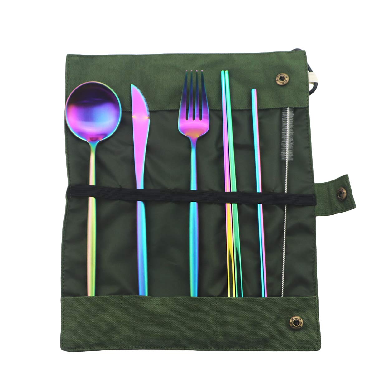 Gugrida Luxury Rainbow Matte Portable Utensils Set, Travel Silverware Set with Case and Straight Straw, Knife, Fork, Spoon, Chopsticks, Cleaning Brush, 7 Piece 18/10 Stainless Steel Flatware set
