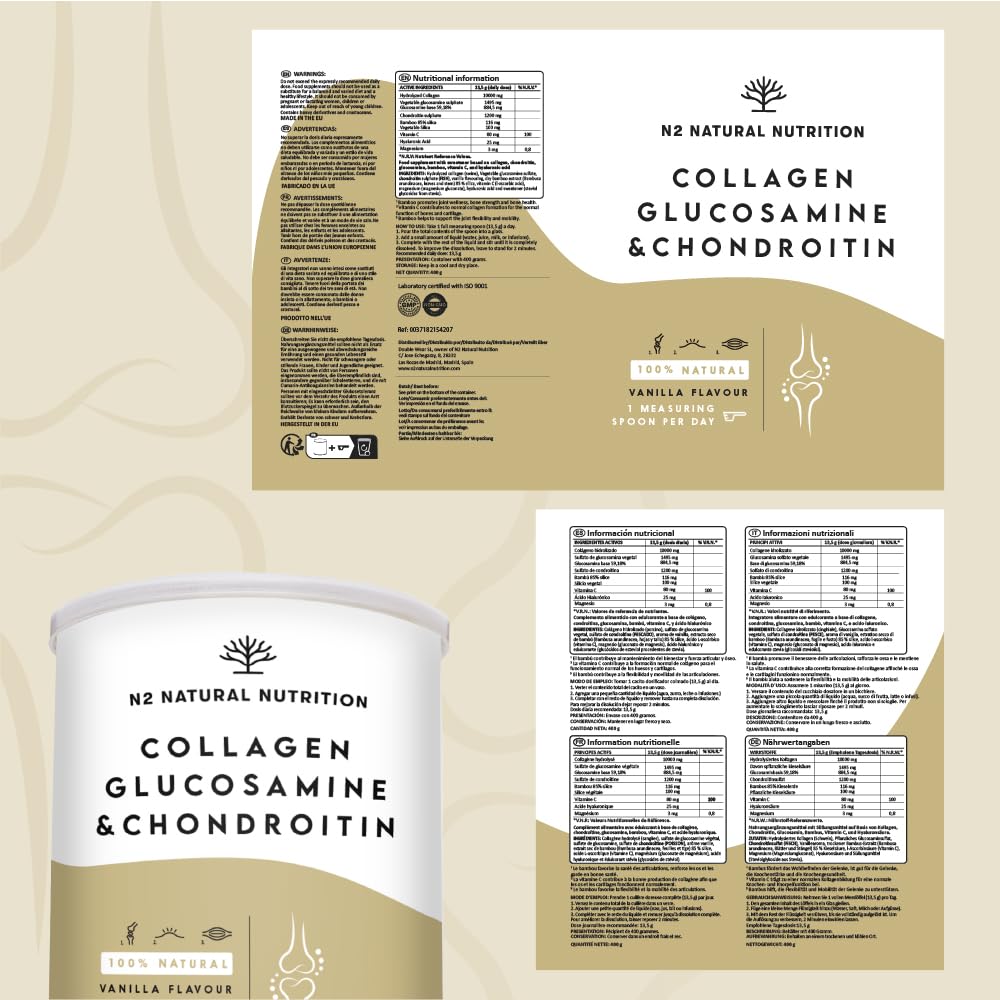 Collagen Hydrolysat Pulver mit Hyaluronsäure, Glucosamin, Vitamin C, Magnesium, Silizium. Kollagen Pulver. Leistungsstarker Knorpelschutz. Stärkung der Gelenke, Knochen, Haut. EU. N2 Natural Nutrition
