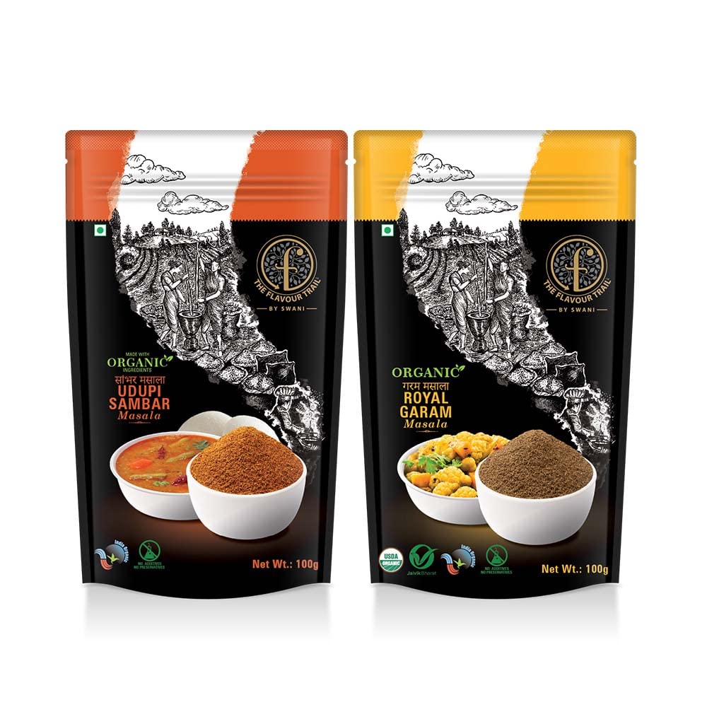 The Flavour Trail - Udupi Sambar Masala + Organic Royal Garam Masala, 100 gms each (Pack of 2) | Organically Grown | Sustainably Farmed | Hygienically Processed | Pesticide-Free | Steam Sterilized (B09M9RKM43) Amazon Price History, Amazon Price Tracker
