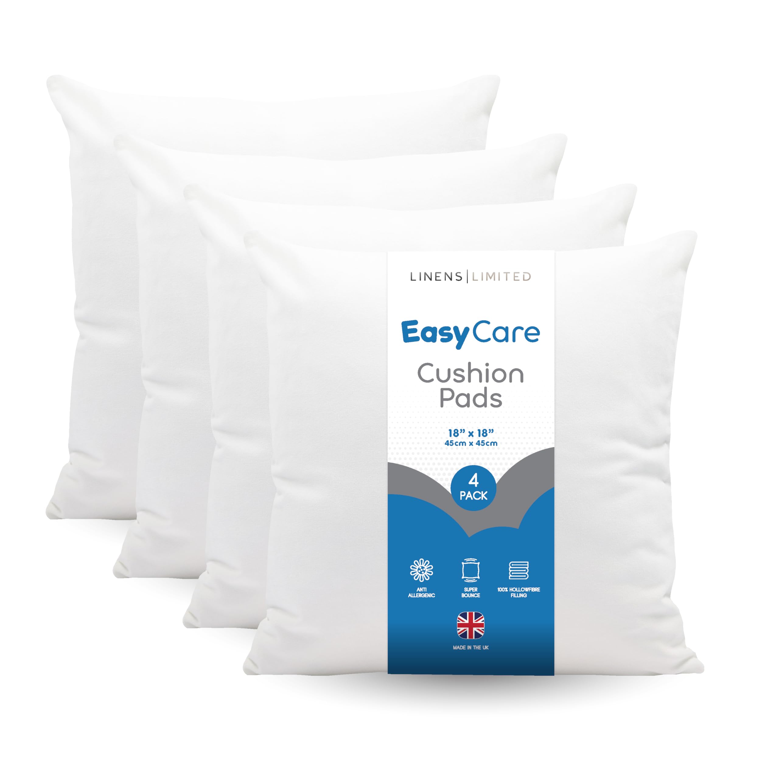 Linens Limited White - Cushion Insert 45Cm X 45Cm, Made In The Uk, Soft And Plump, Non-Allergenic Sofa Cushion Pad, Easy To Clean, Small Square Cushion Inner, Perfectly Fits Covers (White) (4 Pack)