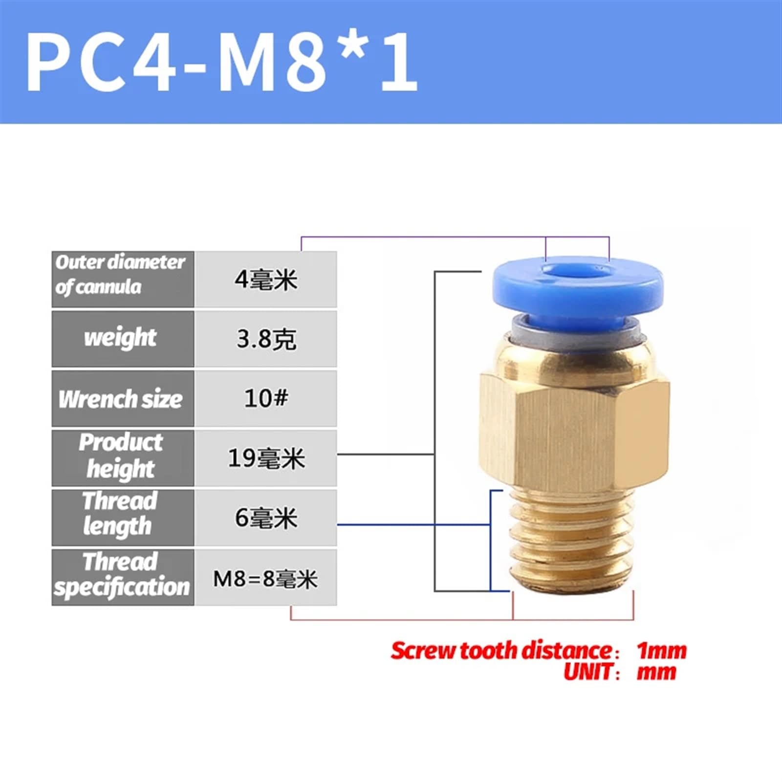 10 Teile/los PC4 6 8 10 -M6 M8x1 M8x1,25 M10x1 M10X1,5 M12X1,75 M16x2 Pneumatische Stecker Luftröhre Schnell-Release Gerade Durch (Color : PC4-M8)