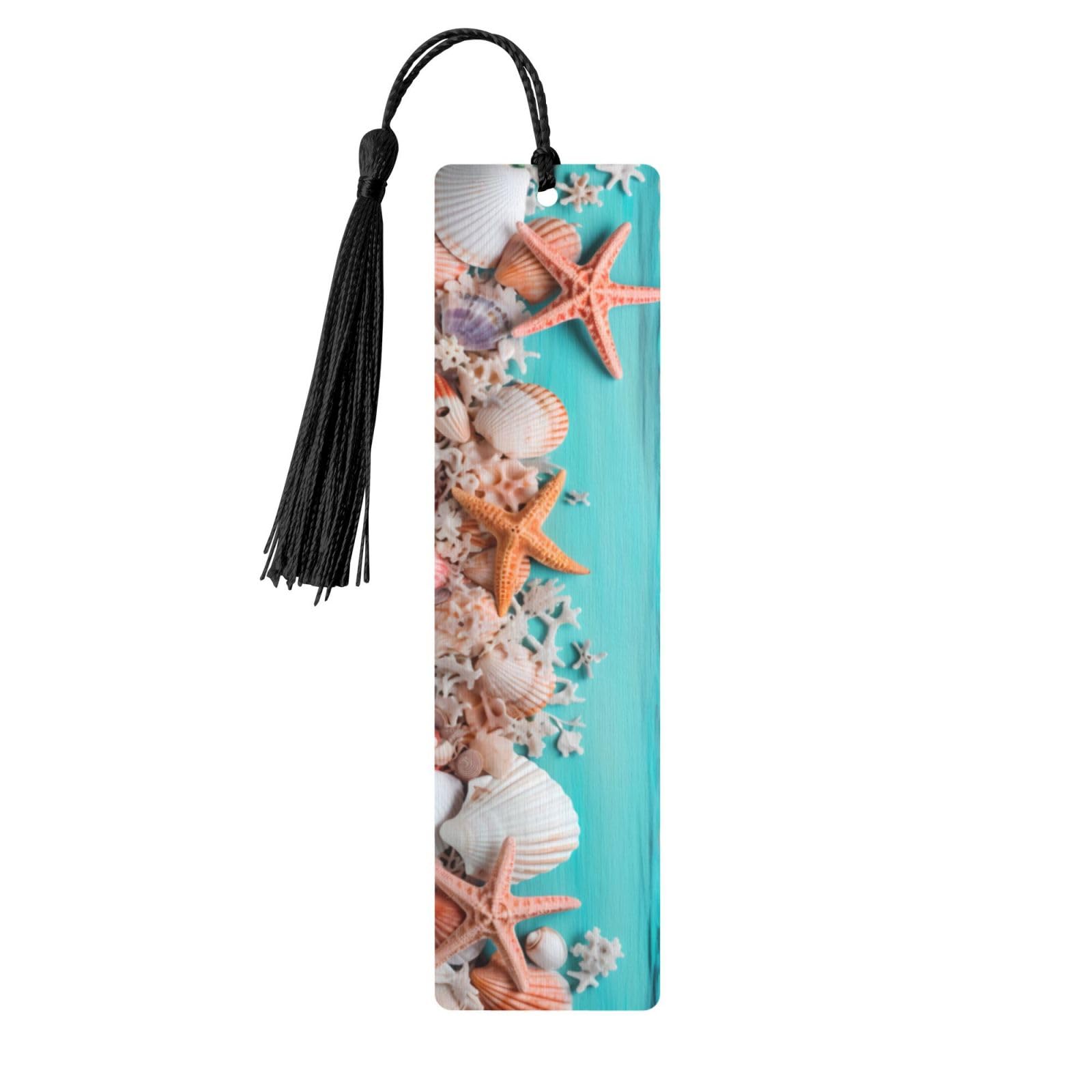 Beach Starfish Shell Double-Sided Print Beach Starfish Shell Bookmarks Wooden Book Marks with Black Tassel, Retro Wooden Lightweight Page Markers Book Lovers Gifts