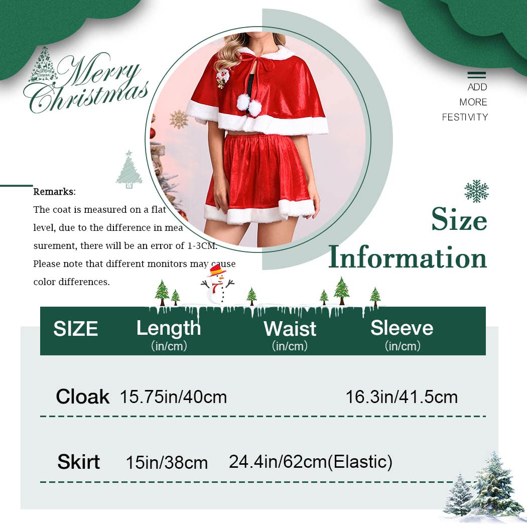 EARENT Christmas Velvet Cloak Skirt Set Red Mrs Santa Claus Shawl Cape Xmas Party Cosplay Costumes Sets for Women Girls (A-Red)
