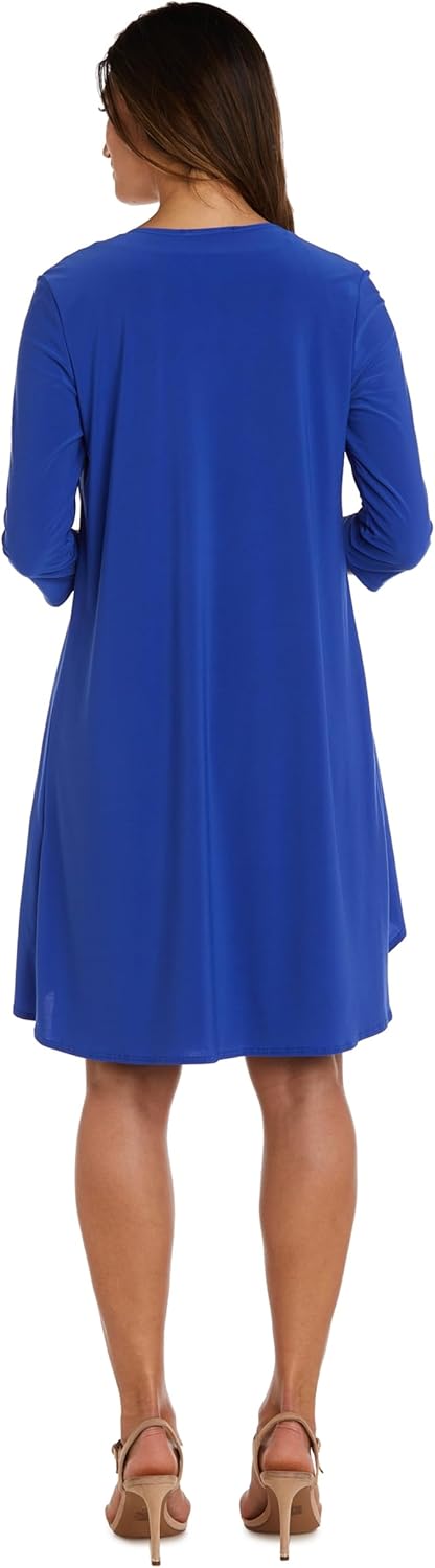 Elegant Knee-Length Geometric Shift Dress W/ 3/4 Sleeve Draped Flyaway Jacket - Image 5