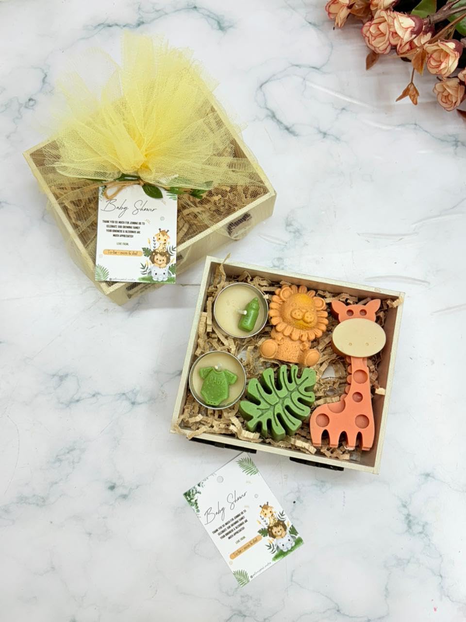 Jungle Theme Baby Shower Hamper | Soap, Candle and Tlight Combo | BS13, MDF Wood Base Gift Pack (2)-image-38