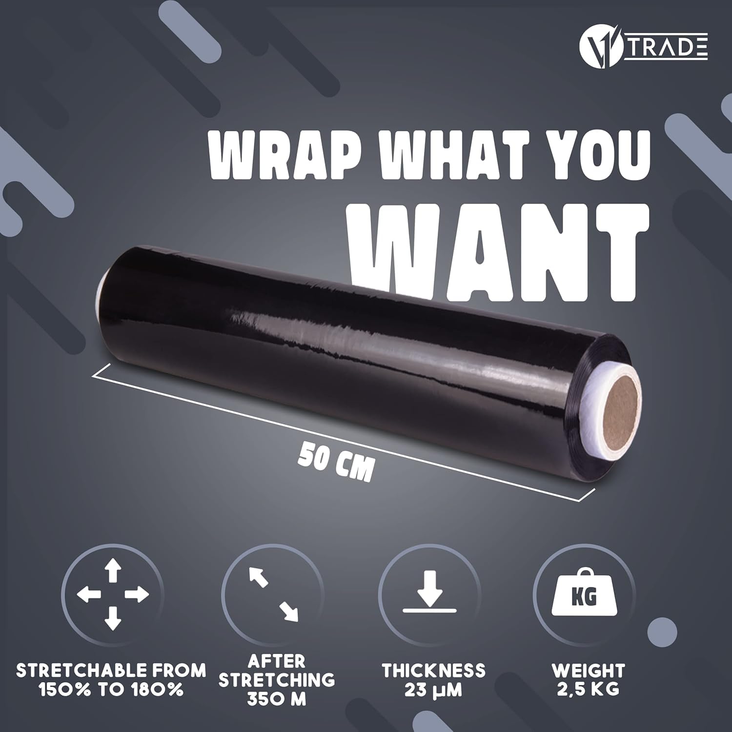 V1 Trade Stretchfolie Schwarz 50cm Breit Handstretchfolie Verpackungsfolie auf Rolle