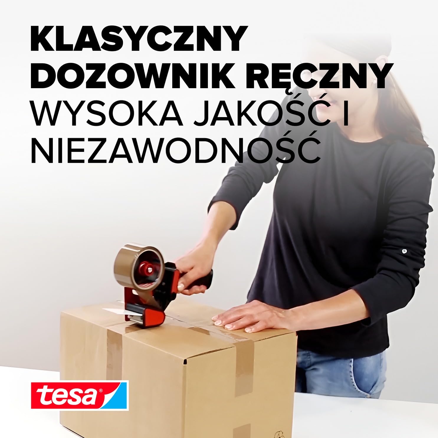 tesa klasyczny dozownik ręczny, uniwersalny dozownik taśmowy do odwijania taśm samoprzylepnych, solidny metalowy uchwyt, do taśm o szerokości do 50 mm, czerwony i czarny