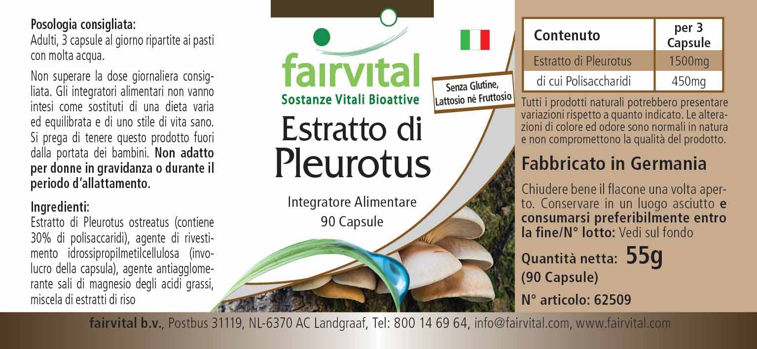 fairvital Estratto di Pleurotus 500 mg, 90 capsule, facili da deglutire, ALTO DOSAGGIO, Pleurotus ostreatus (fungo ostrica), 30% di polisaccaridi, VEGANO