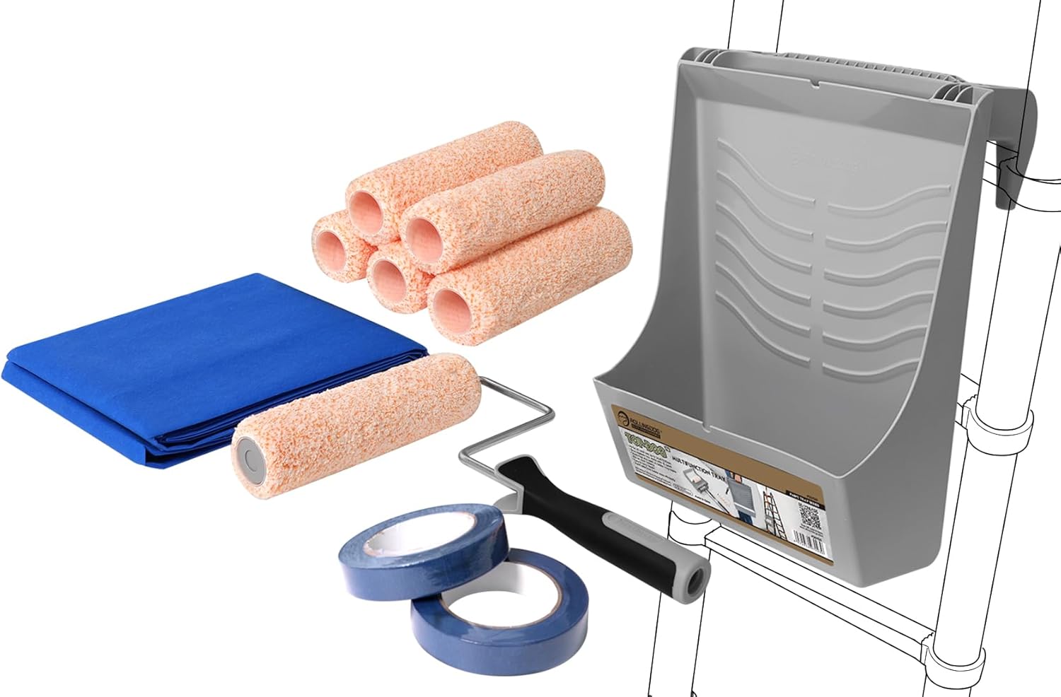 ROLLINGDOG Multifunctional Paint Roller Tray Set - Ladder Paint Tray,9 inch Paint Roller,Drop Cloth and Masking Taping(Pack of11)