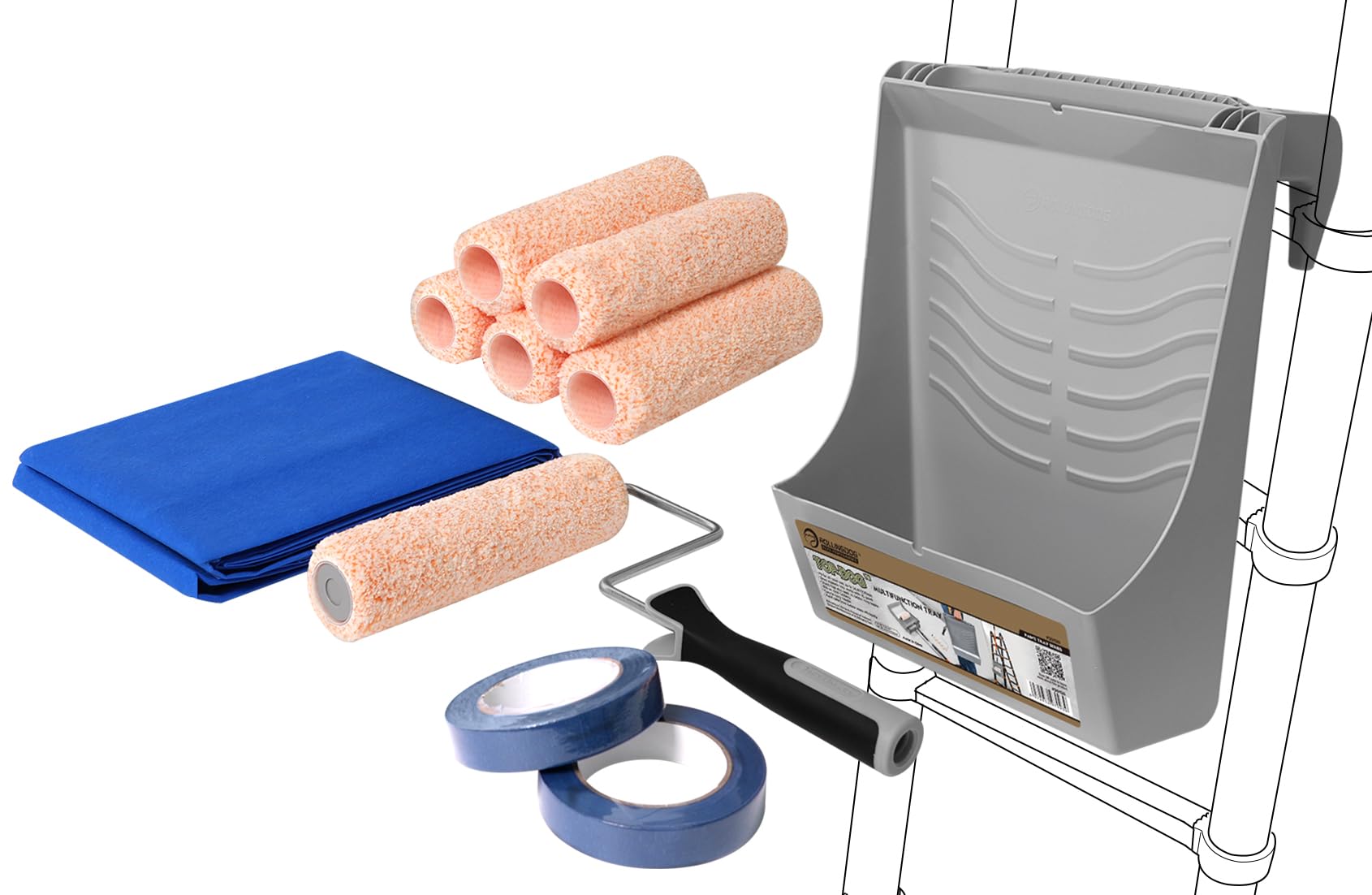 ROLLINGDOG Multifunctional Paint Roller Tray Set - Ladder Paint Tray,9 inch Paint Roller,Drop Cloth and Masking Taping(Pack of11)
