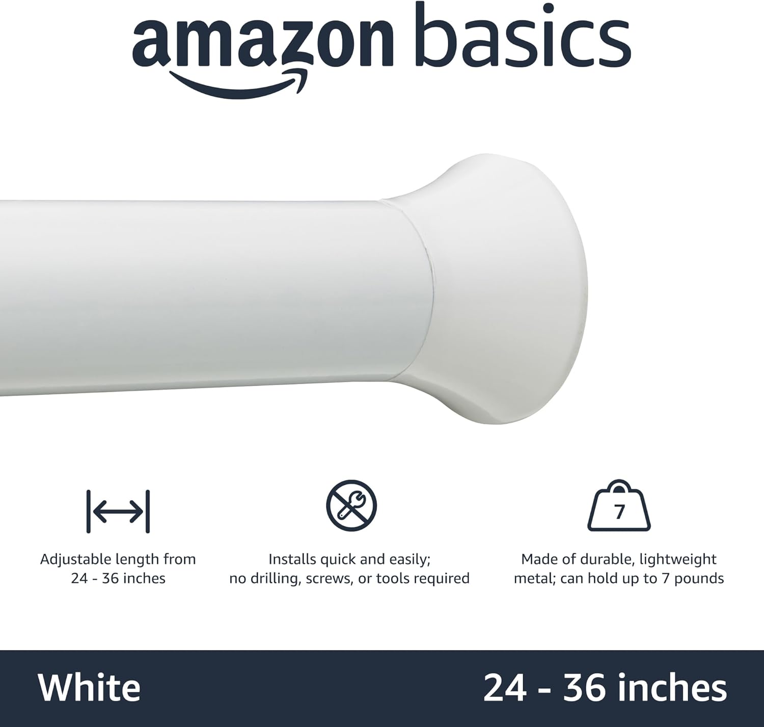amazon basics no drill spring tension curtain rod, adjustable 24-36" width, white, classic finial white 24-36" indoor