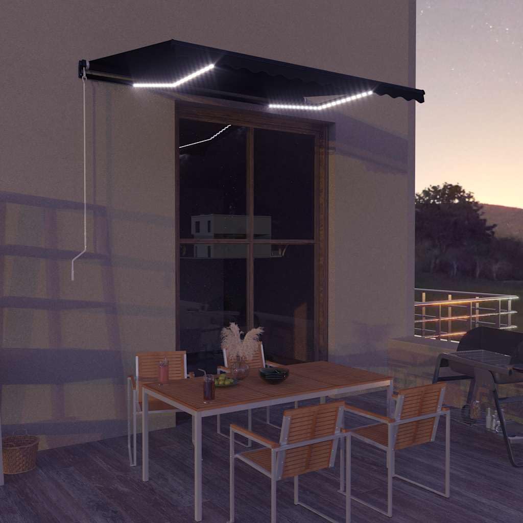 Auvent manuel rétractable contre la chaleur du balcon grâce à la toile grise avec LED