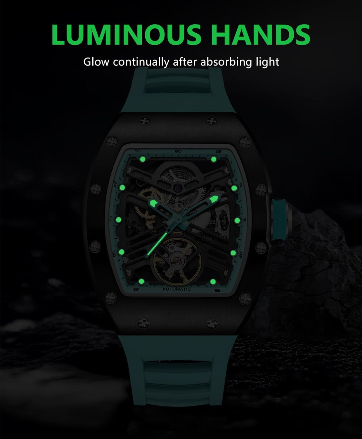 Men Watch Unique Durable Business Wrist Watches Waterproof Luminous Stainless Steel Case with Silicon Band Tonneau Automatic Watch for Men - Image 3