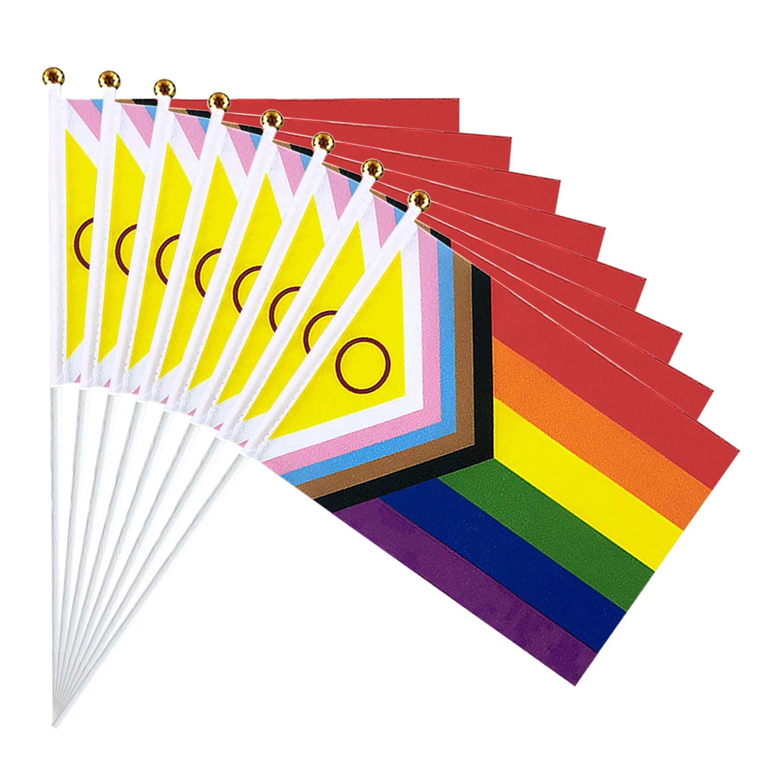 20 PCS Intersex Inclusive Pride Flags on Sticks, 5.5 x 8.2 Inch Small Rainbow Handheld Flags, Mini Progress Banner for Pride Month Parade Festival Party