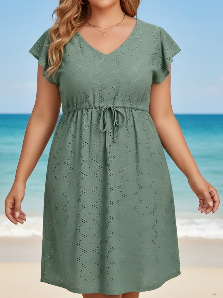 Plus Size Swimsuit Cover Up - Women V Neck Textured Hollow Out Flutter Sleeves Coverups Swimwear Summer Beach Dress - Image 2