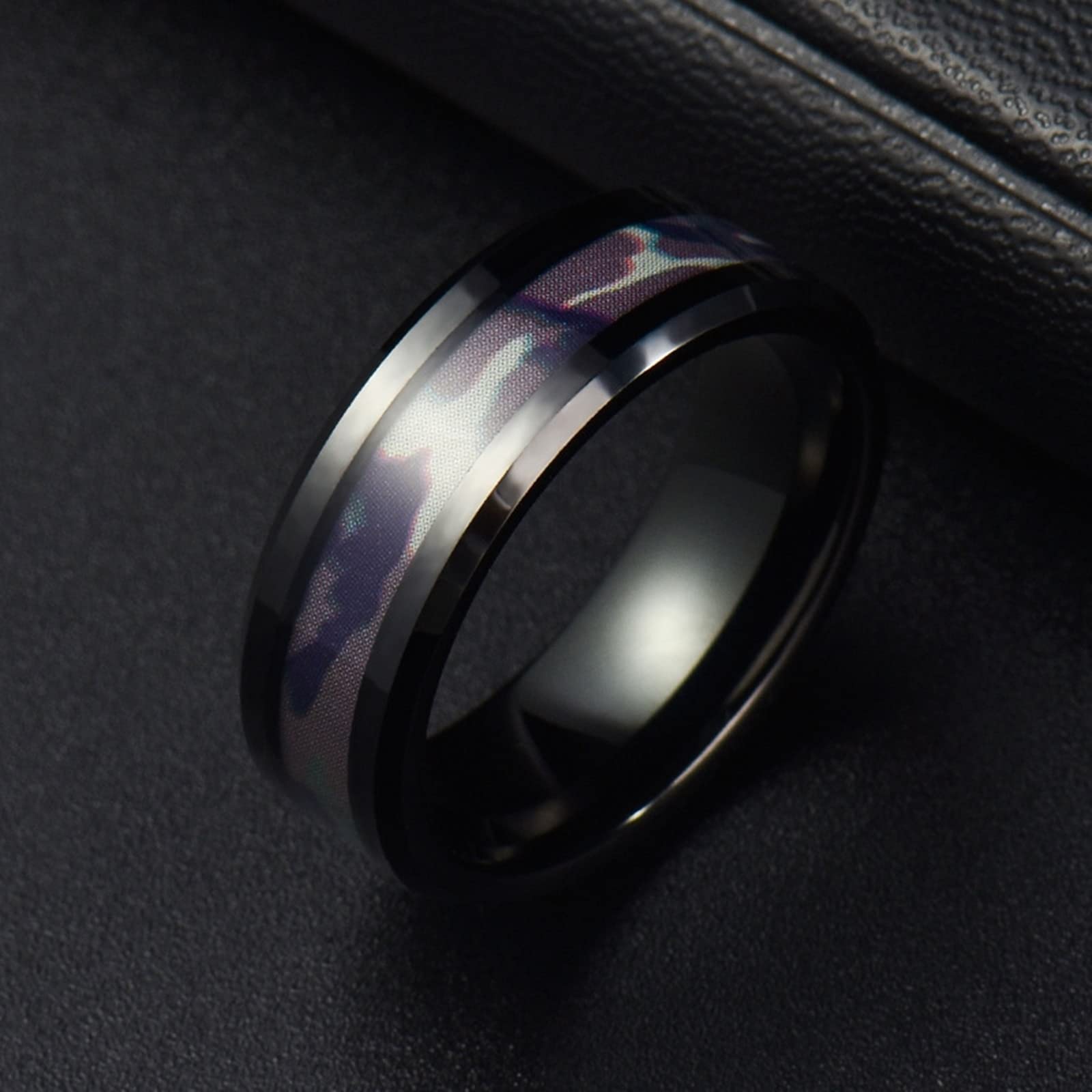 Collana coppia innamorata per 2, collana catena nera tungsteno 8 mm anello nero intarsio opale e legno regalo compleanno matrimonio