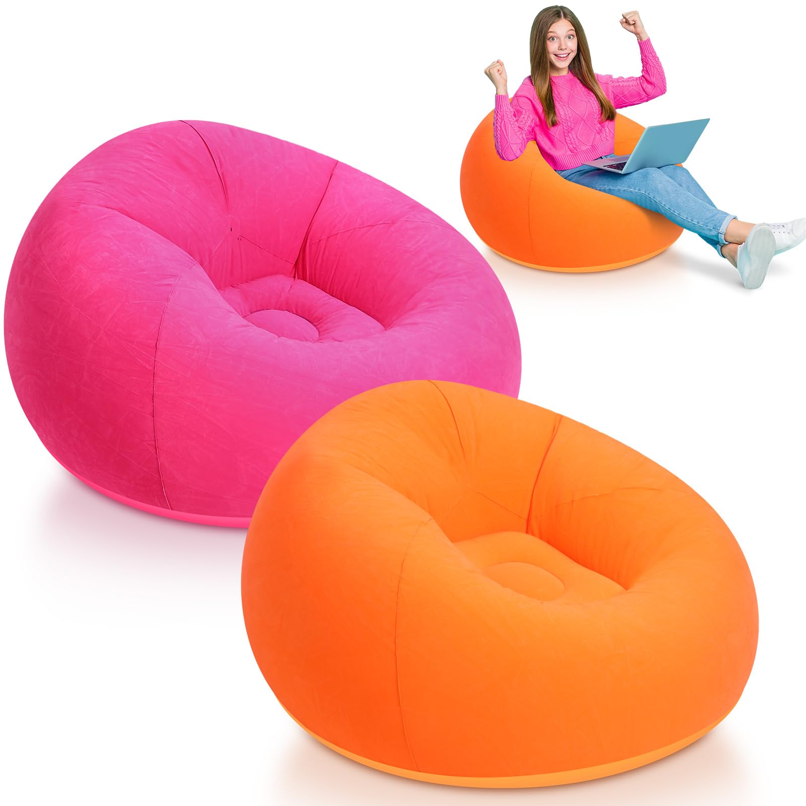 2 Pcs Small Inflatable Chair Blow up Chairs Inflatable Camping Chairs Foldable Flocking Inflatable Sofa Portable Inflatable Chair for Living Room Bedroom Reading Room(Orange, Rose Red)-image-40