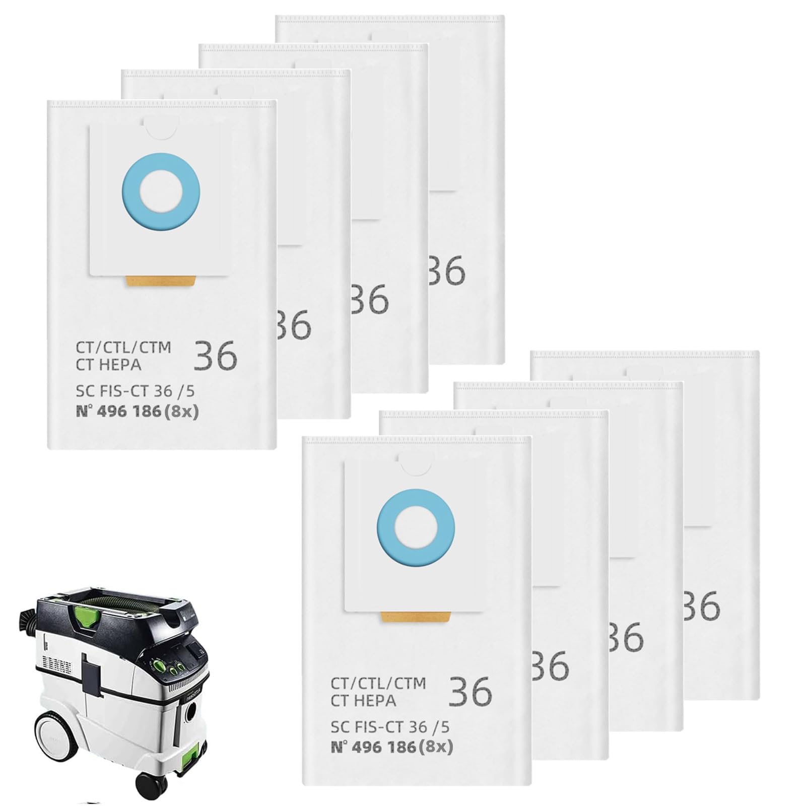Lot de 8 sacs d'aspirateur pour Festool CT 36 / CTM 36 E/CTL 36 E CLEANTEC Series, grande capacité, sacs filtrants de rechange pour aspirateur SC FIS-CT 36