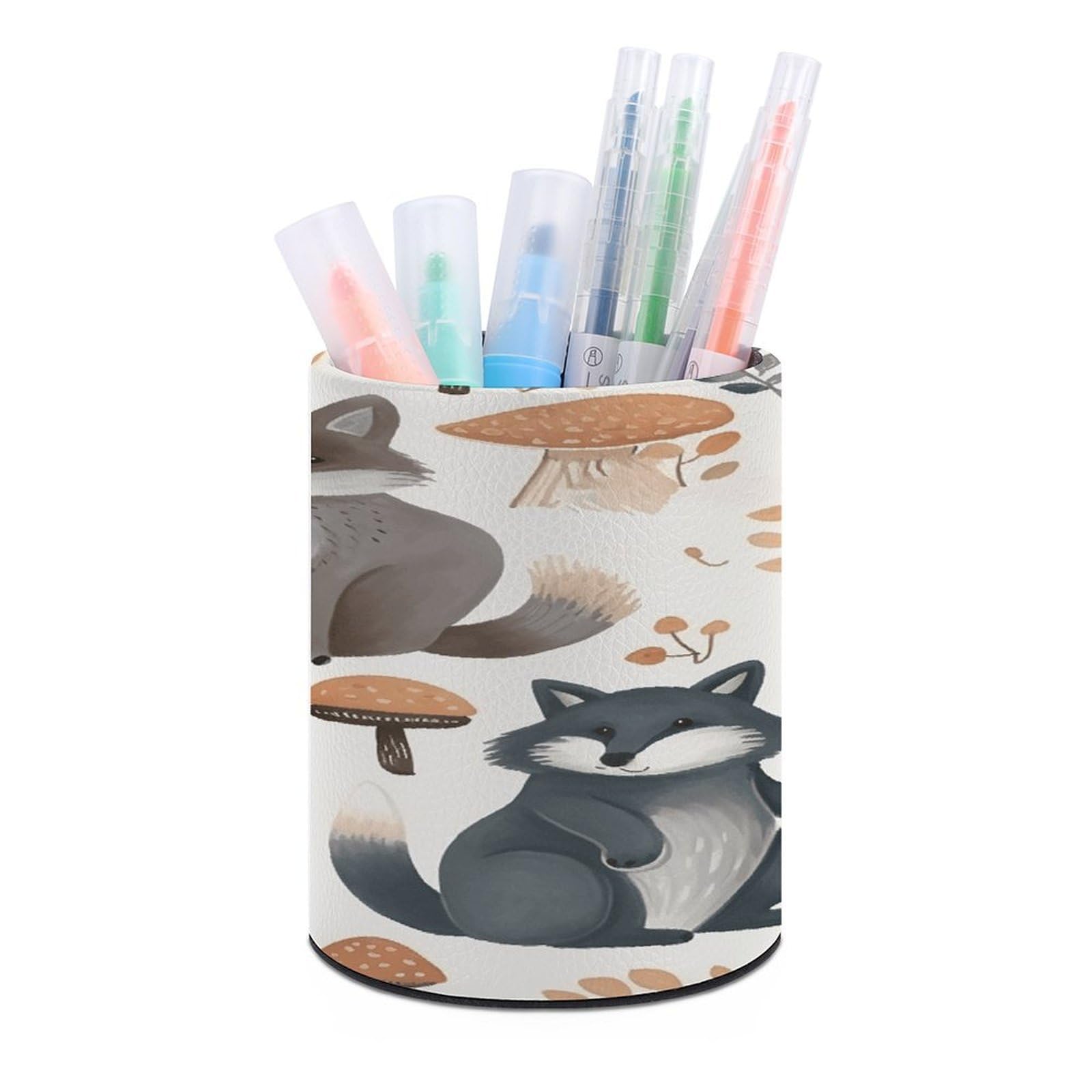 VstaDank Woodland Raccoon Animals Pen Holder PU Leather Pencil Cup Minimalist Desk Pencil Holder Round Make Up Brush Organizers For Office Dorm Room&Vanity Desk Accessories
