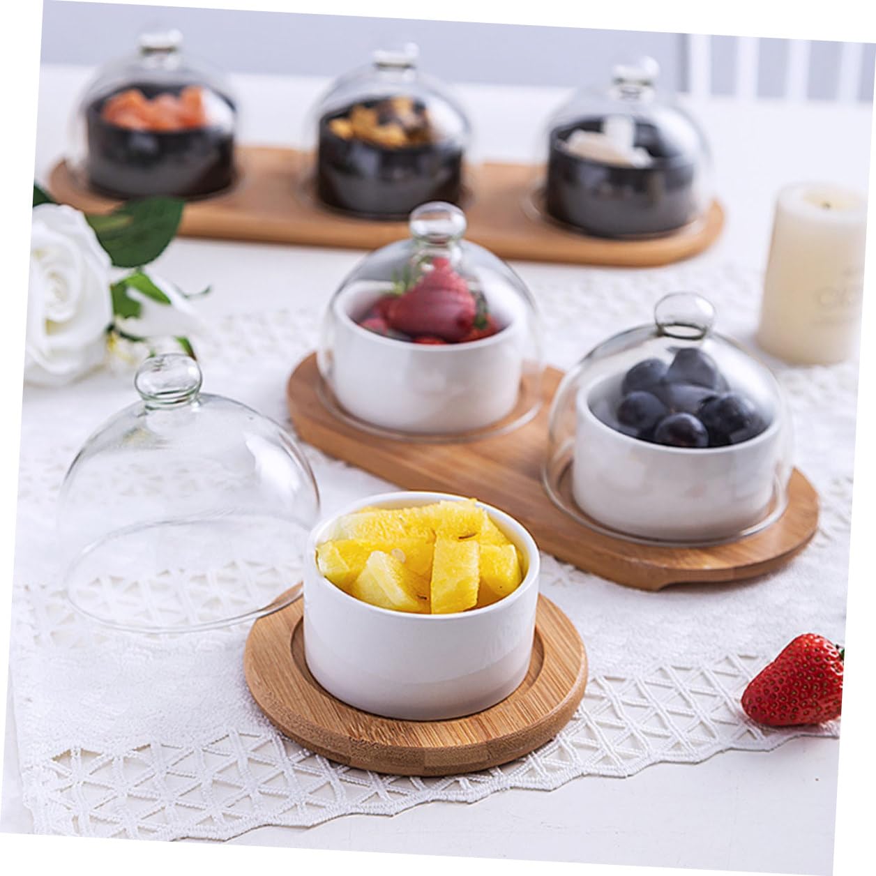 SOLUSTRE 2 Juegos Bol de Elegante para Servir Postres y Ensaladas con Superficie Lisa y Fácil Limpieza para Restaurante y Hogar Incluye Tapa Transparente y Bandeja