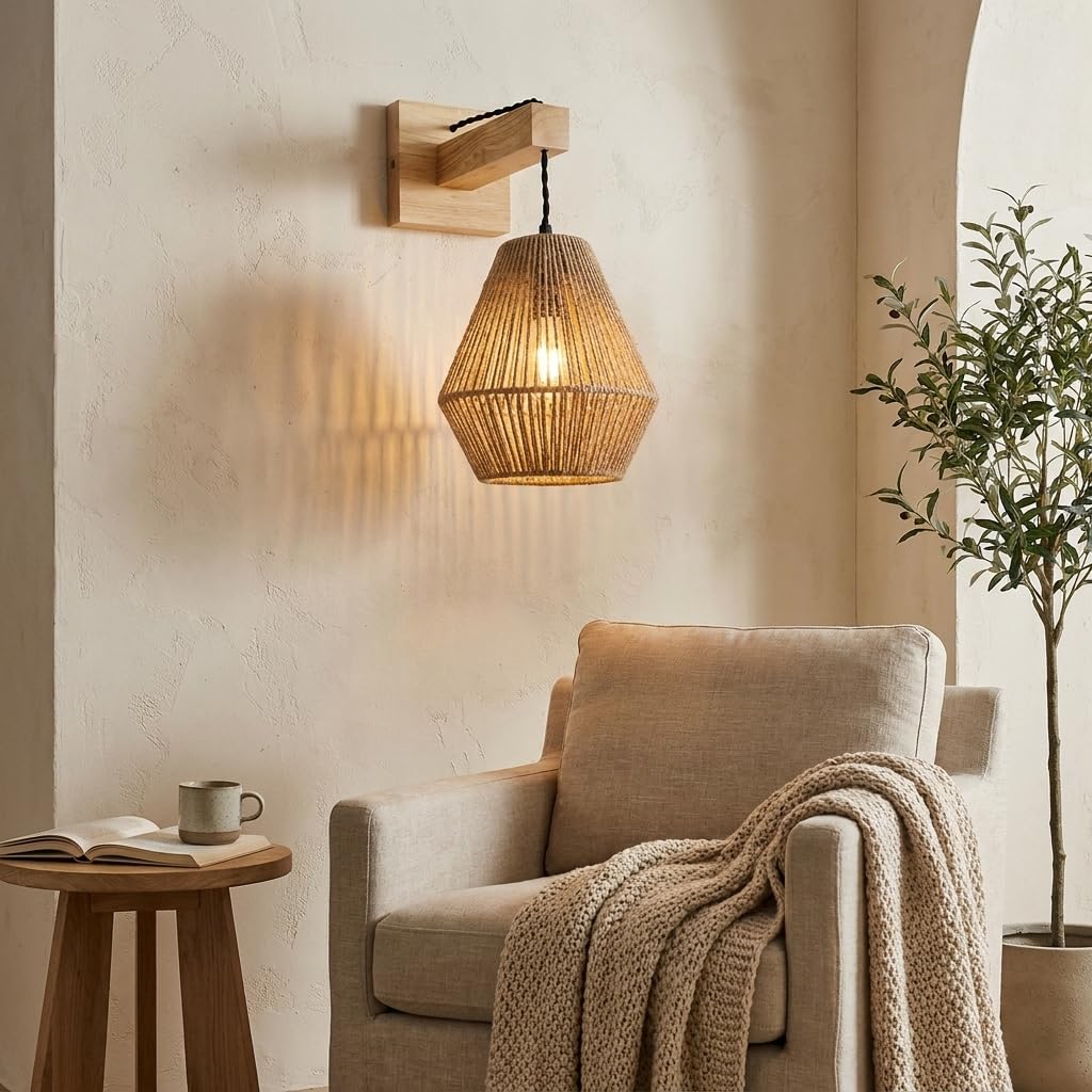 Alpinaluz Applique Murale en Bois avec Abat-jour en Corde de Yute Tissée à la Main, Hauteur Réglable, Style Bohème Artisanale pour Chambre, Salon ou Couloir, Douille E27 Compatible LED