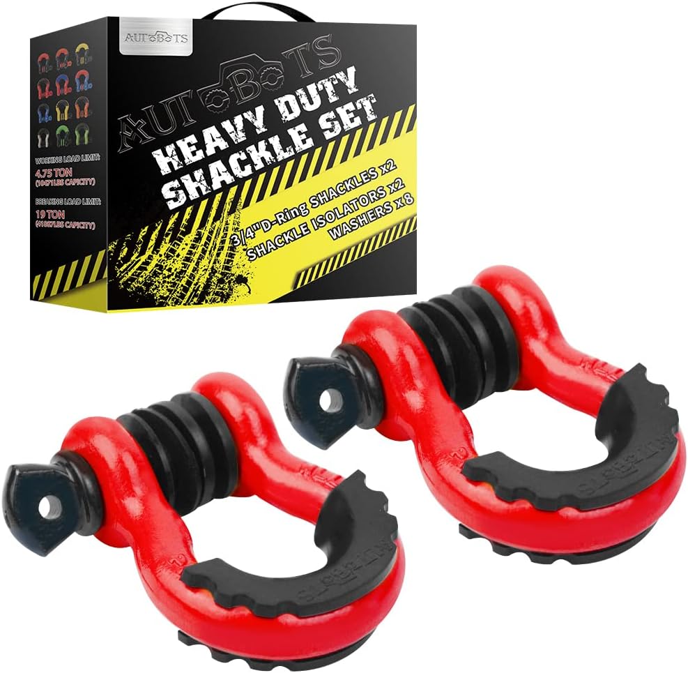 AUTOBOTS Shackles 3/4" (2 Pack), D Ring Shackles 45,000Ib Max Break Strength with 7/8" Pin & Isolator Washers Heavy Duty Clevis Shackle for Tow Strap Jeep Vehicle Off Road Recovery Red-Black