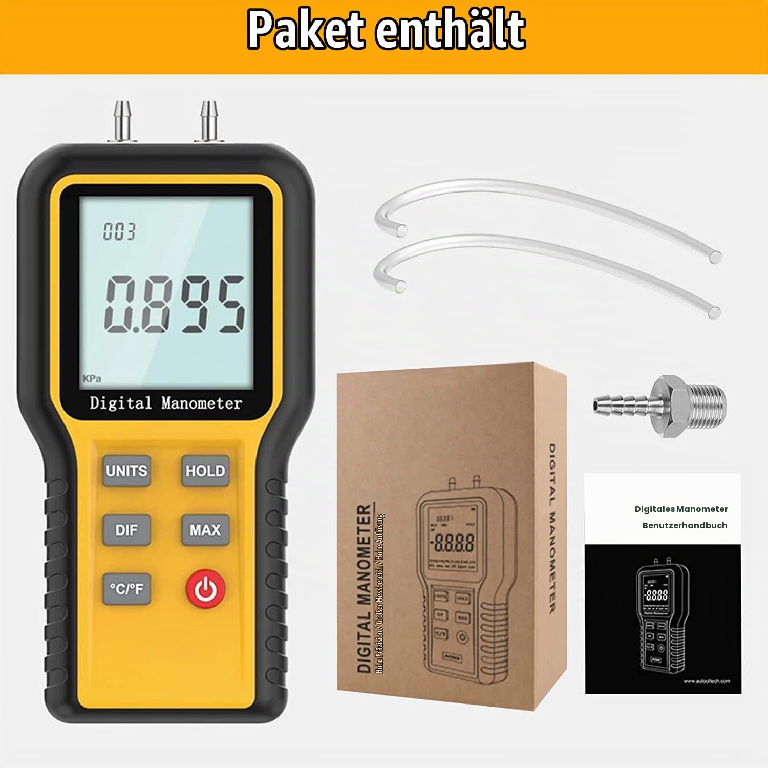 Differenzdruckmessgerät Kethvoz Gasdruckmessgerät HVAC Gas Manometer mit Zwei Anschlüsse zur Messung des Luftstrom-Gasdifferenzdrucks ±2,999 psi /±20,68 kPa, 12 wählbare Einheiten & Datenspeicher