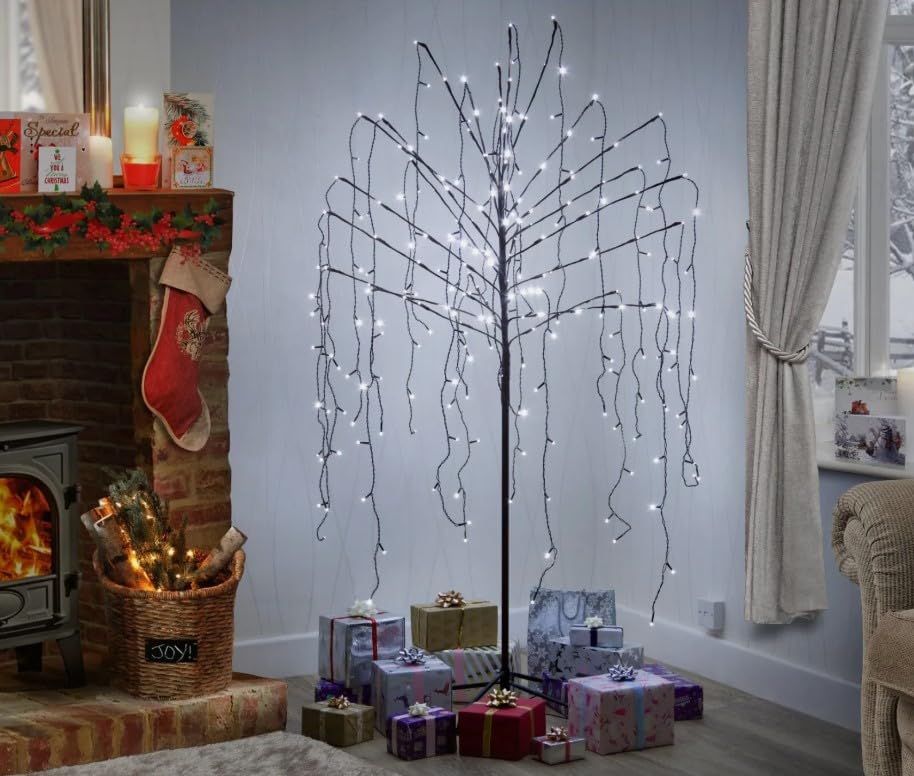 Weeping Willow 1.8m (6ft),2.4m (8ft), 1.5m (5ft) or 1.2m (4ft) with Metal Base. Christmas Garden Ornament Indoor or Outdoor Decoration (Warm White, 1.5m (5ft))